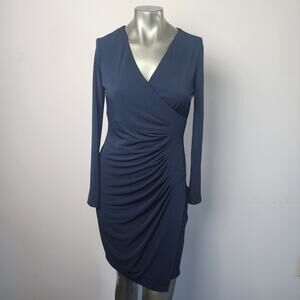 Calvin Klein Long Sleeve Faux Wrap Navy V-Neck Dress | Womens 8